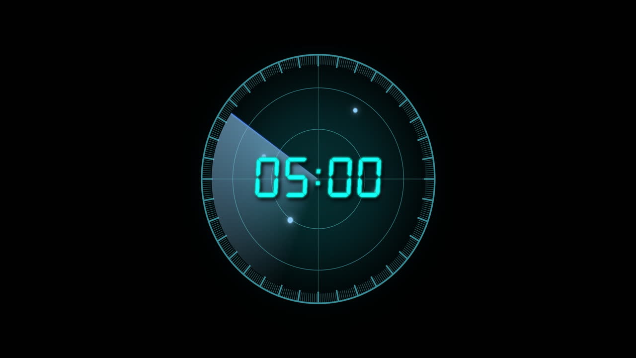 Animation of blue digital clock timer changing on circle over black background