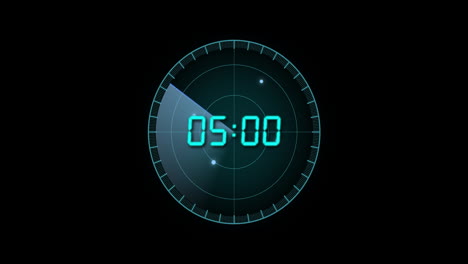 Animation-Des-Blauen-Digitaluhr-Timers,-Der-Sich-Auf-Einem-Kreis-Auf-Schwarzem-Hintergrund-ändert