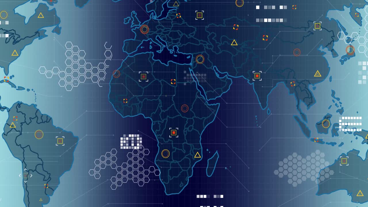 animación del procesamiento de datos sobre el mapa del mundo contra un fondo de gradiente azul