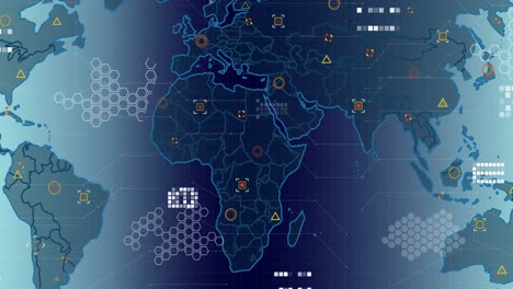 Animación-Del-Procesamiento-De-Datos-Sobre-El-Mapa-Mundial-Sobre-Fondo-Azul-Degradado