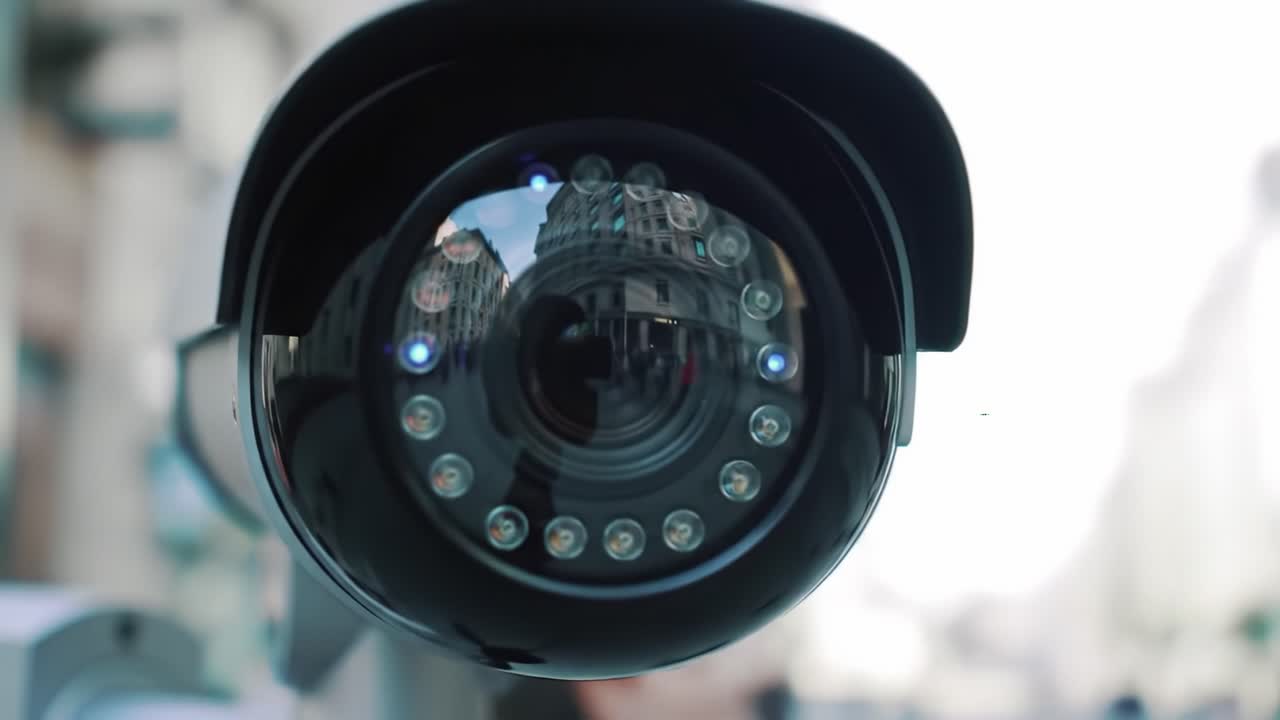 This video showcases a security camera monitoring a bustling urban area filled with pedestrians and vehicles. The camera records various interactions throughout the day.