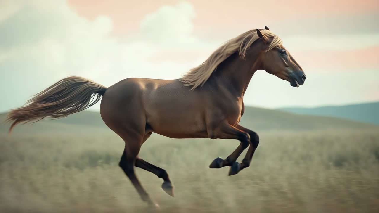 Entering frame chestnut brown horse galloping over grassy plain, tufts of grass under pinkish sky