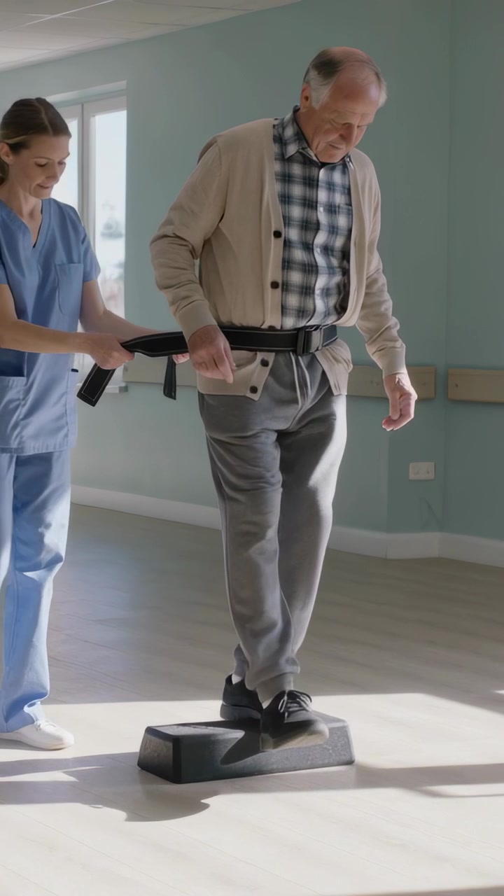 Video vertical: Cuidador dando instrucciones con uniforme médico, sosteniendo un cinturón de marcha, persona mayor haciendo subidas de escalón en la clínica, equilibrio.