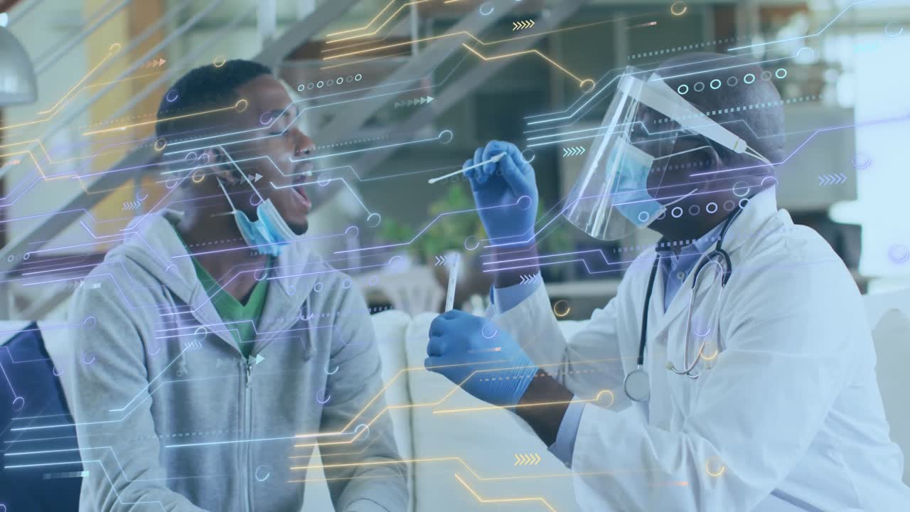 Animation of integrated circuit over african american doctor taking swab from patient
