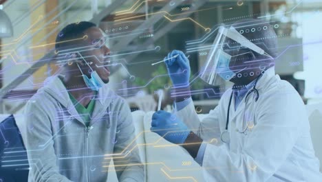 Animation of integrated circuit over african american doctor taking swab from patient