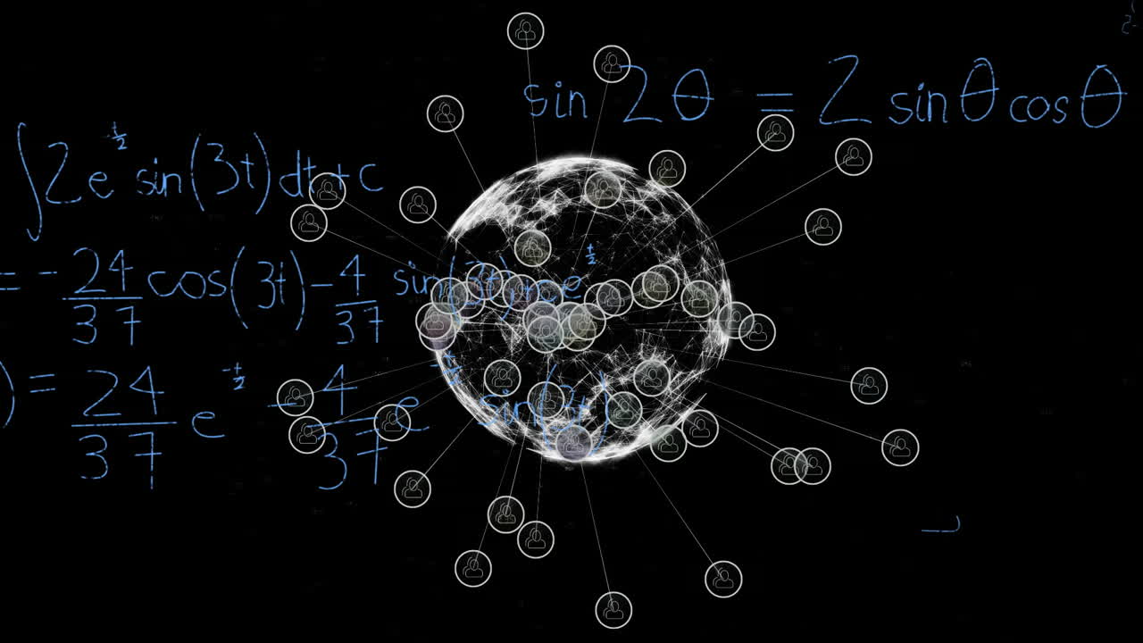 animación de ecuaciones matemáticas y conexiones de red en todo el mundo sobre fondo negro