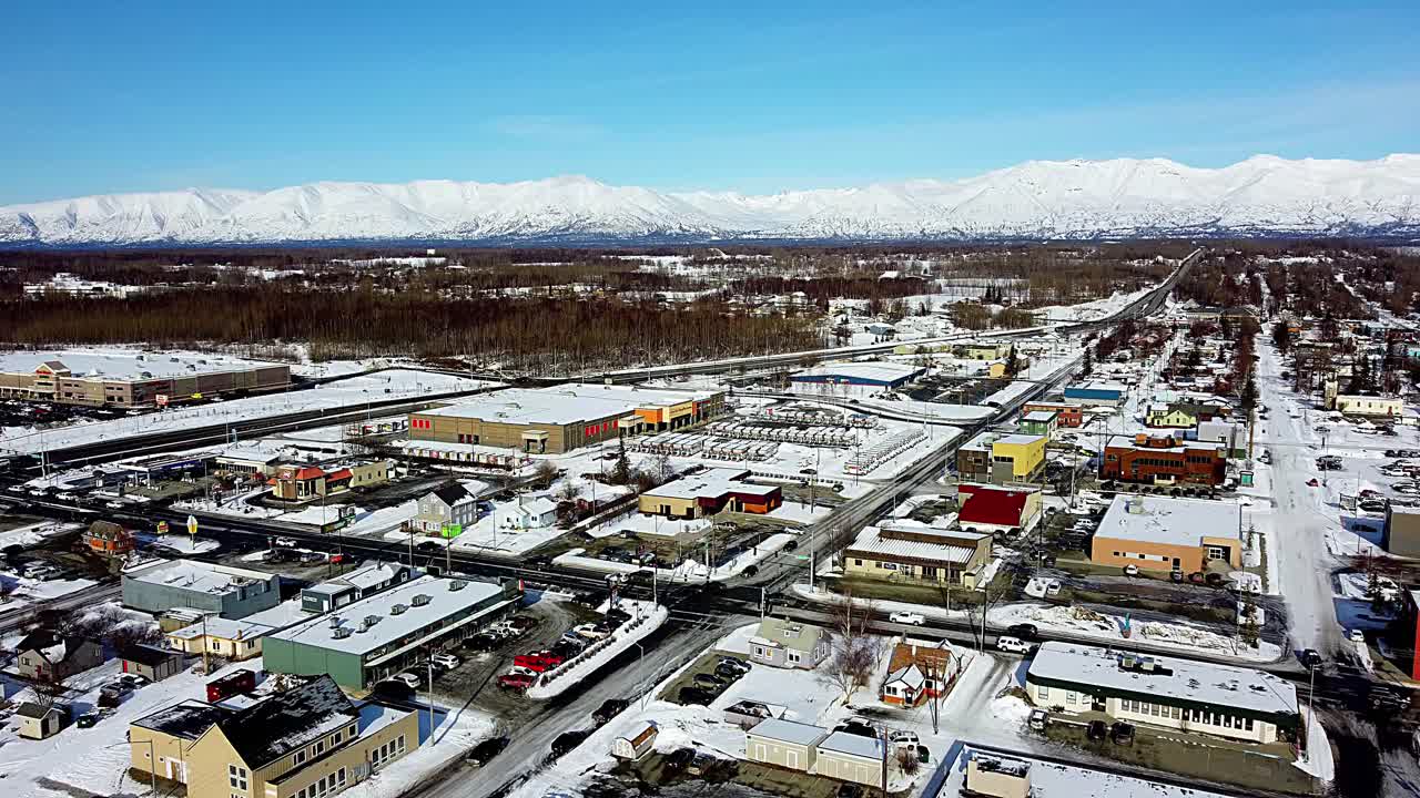 Aerial View of a Snowy Alaskan Town in Winter