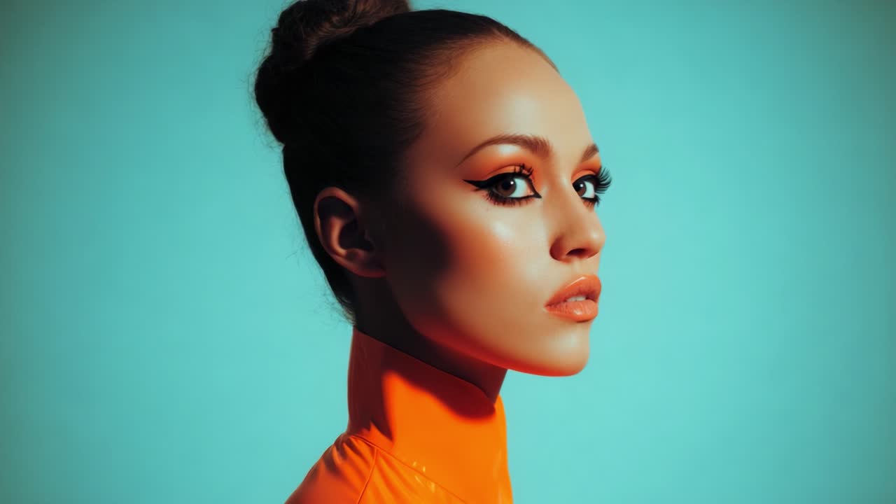 A Stunning Fashion Portrait of a Model in an Eye-Catching Orange Outfit Against a Vibrant Blue Background, Capturing Elegant Facial Features and Striking Makeup from Profile to Frontal View