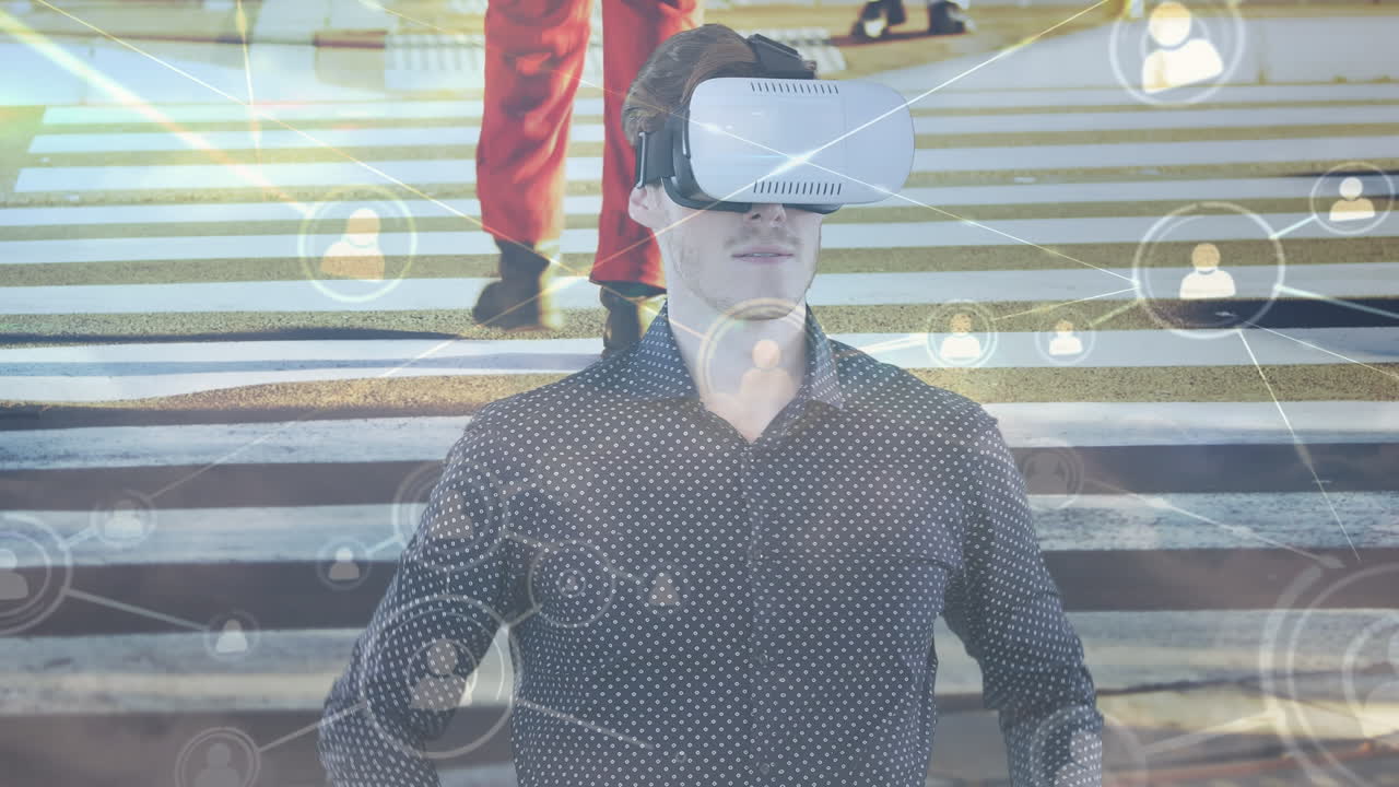 Animace kavkazského podnikatele používajícího VR headset a síť propojení nad ulicí.