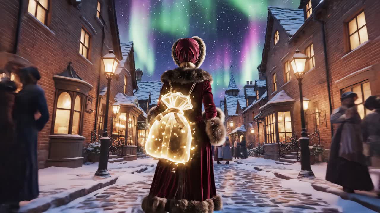 A magical winter town under the aurora borealis