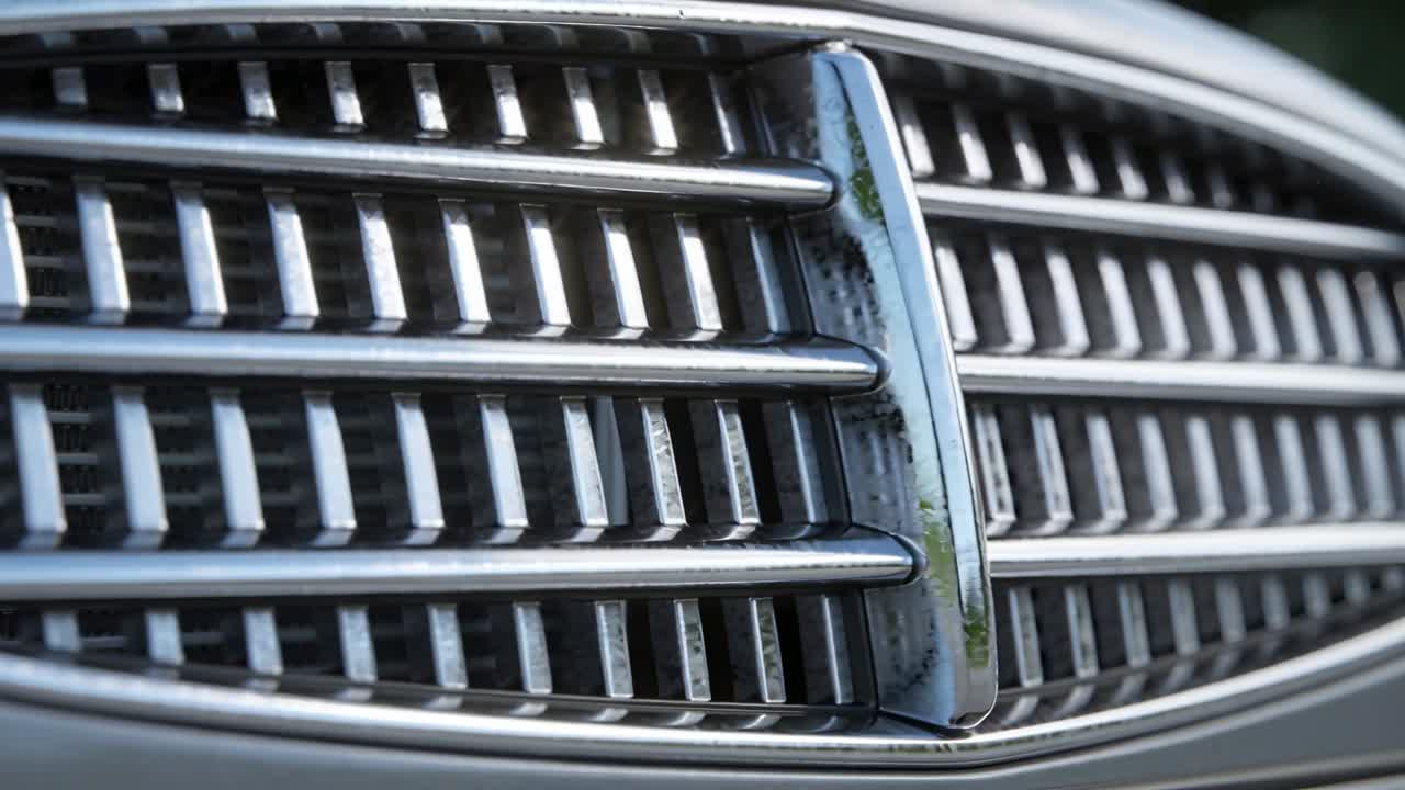 Kamera schwenkt nach rechts, zeigt Kühlergrill mit Chromlamellen, Schmutz und grünem Glanz für Automobilmarketing.