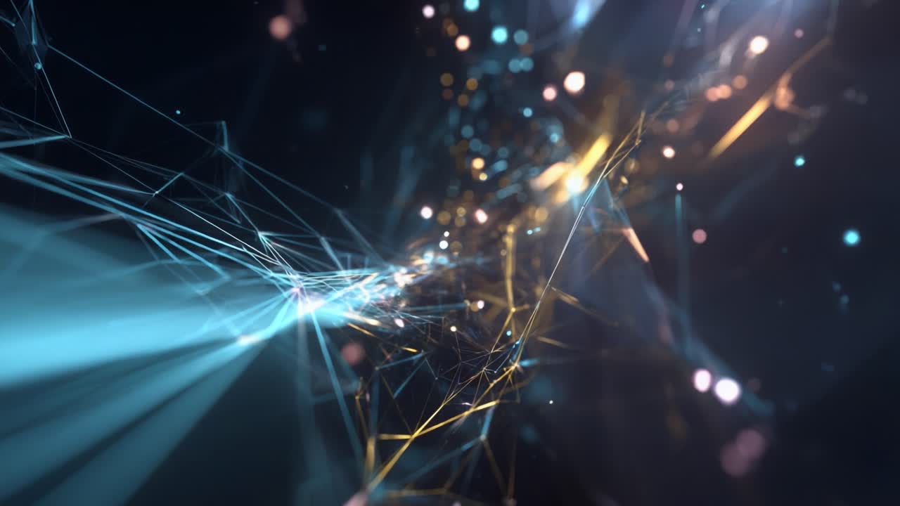 Dynamic Abstract Visuals: A Stunning Journey Through Light, Color, and Geometric Shapes in a Captivating Digital Environment Displaying a Beautifully Complex Network of Lines and Particles