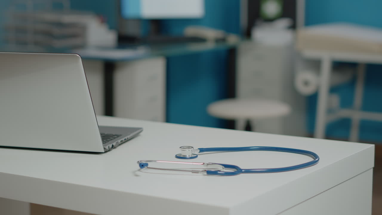 Close up of professional stethoscope placed on white desk