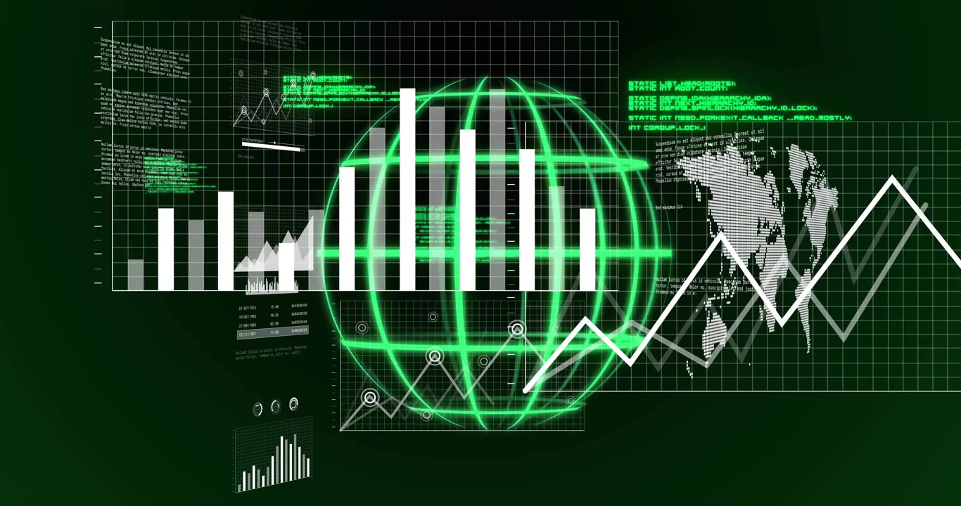 Opening wireframe globe sliding panels drawing graphs scrolling code showing global data trends
