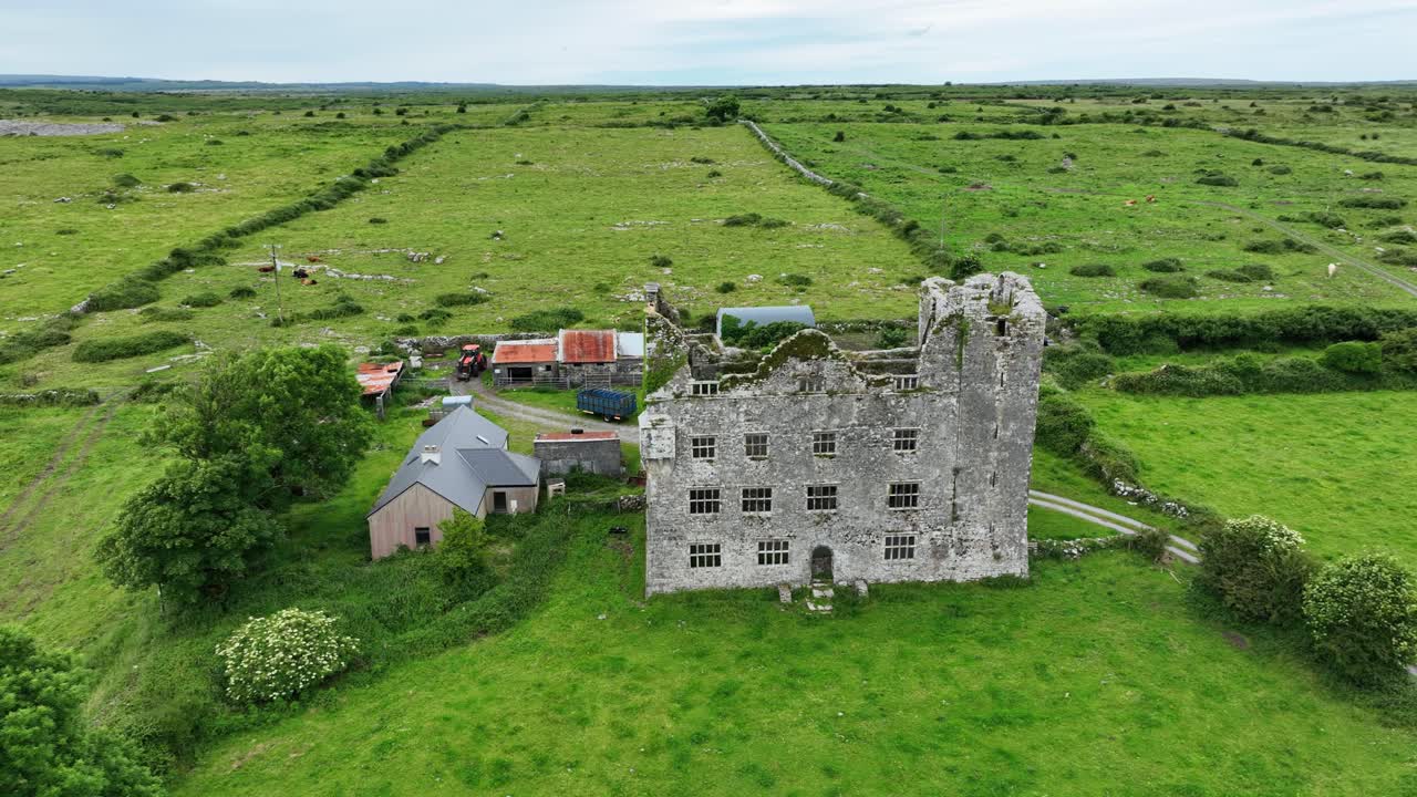 Leamenah Castle County Clare drone panning shot of this spectacular ruin and tourist destination on the wild Atlantic way