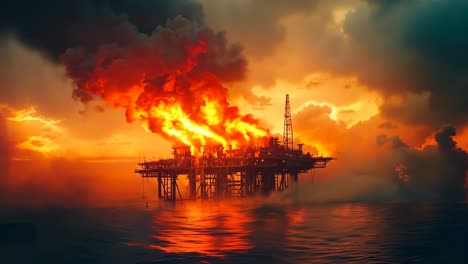 an oil rig in the middle of the ocean at sunset