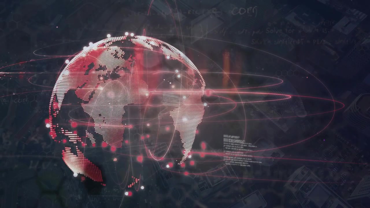 Animation of abstract pattern around globe, lens flare, computer language over aerial view of city