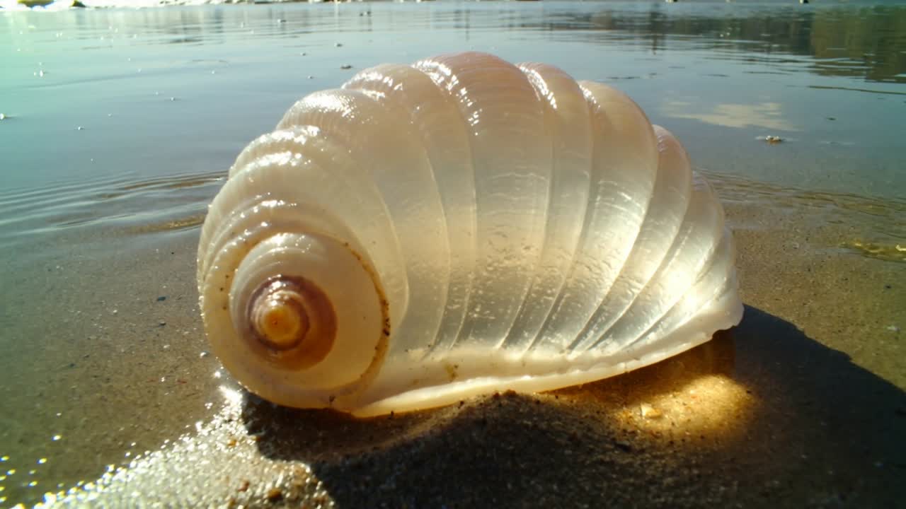 Arriving small ripple wetting sand and bending light through translucent spiral shell at shoreline