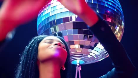 woman dancing in a disco setting with a disco ball