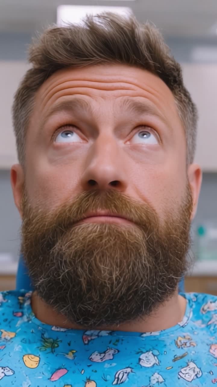 Primo piano di un uomo con barba folta in un camice da paziente colorato, che guarda in alto con un'espressione pensierosa e occhi azzurri brillanti in un ambiente clinico