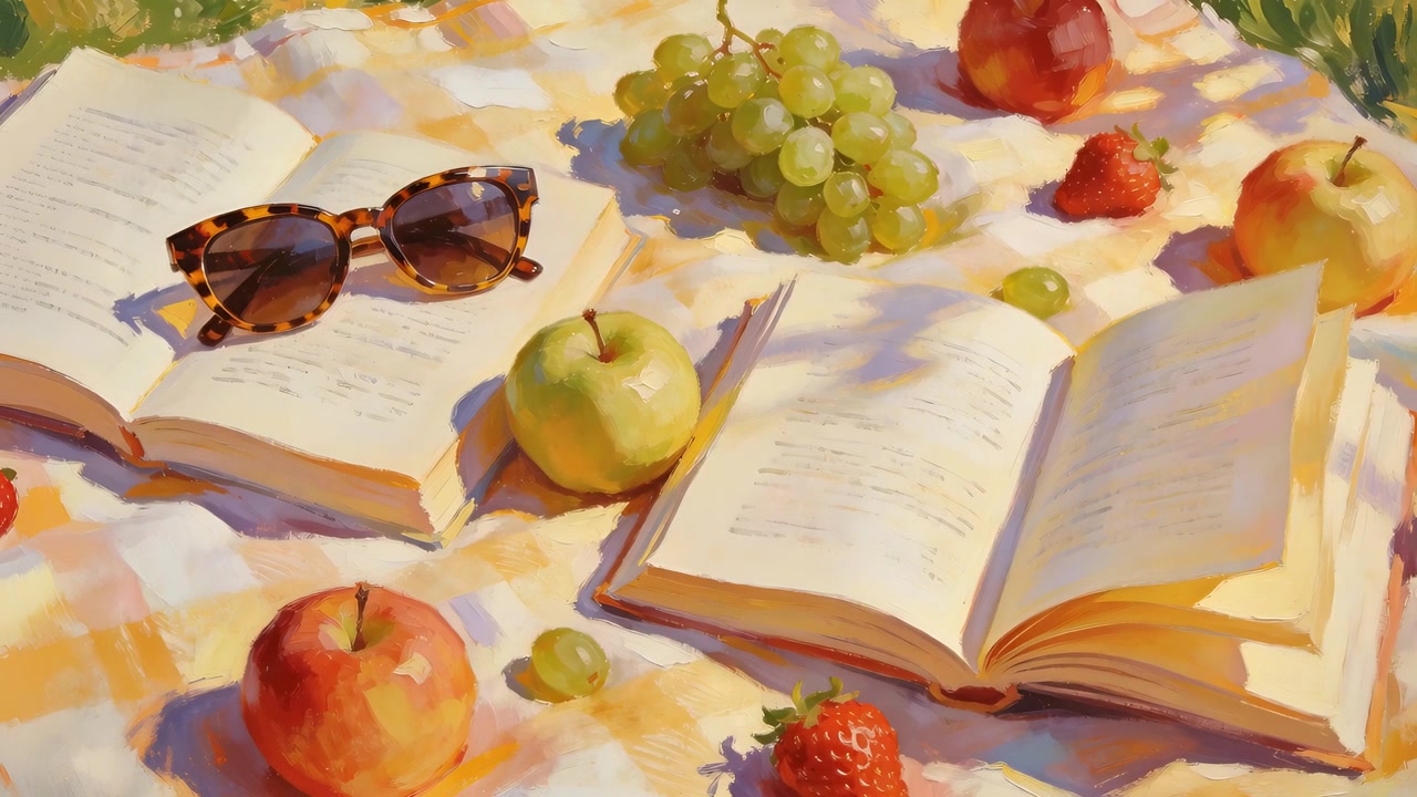 Il sole caldo e la telecamera in movimento rivelano un libro aperto al centro di una coperta a quadri, con l'uva in primo piano.