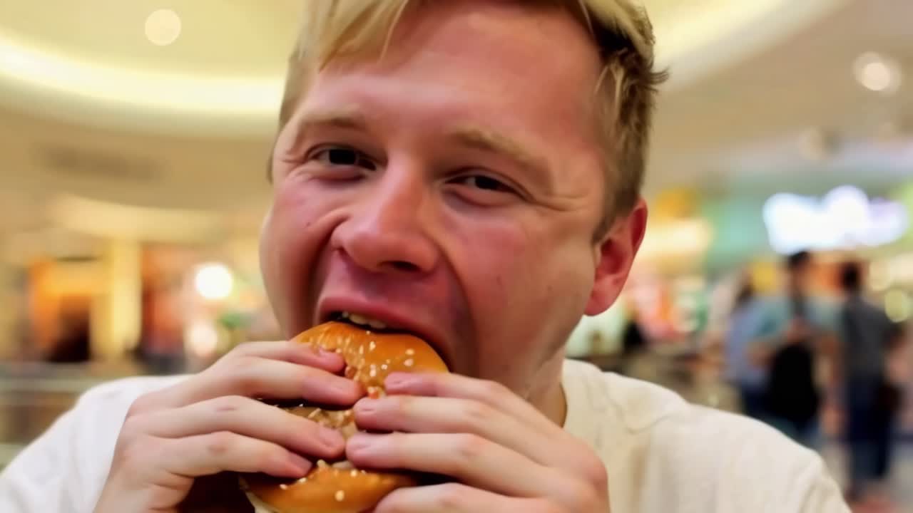 Primo piano di un uomo biondo che mangia un hamburger nell'area ristorazione di un centro commerciale