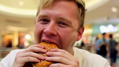 Closeup of a blond man eating a hamburger in a mall food court.