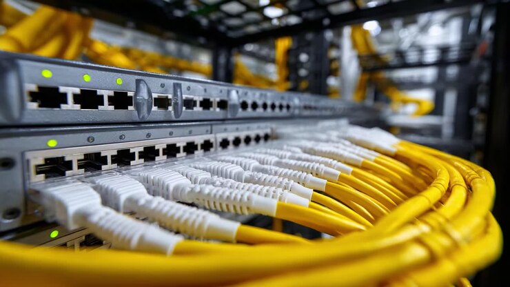 Close-Up of Network Cables and Switches in a Data Center, Highlighting the Connectivity and Structure of Modern Networking Equipment