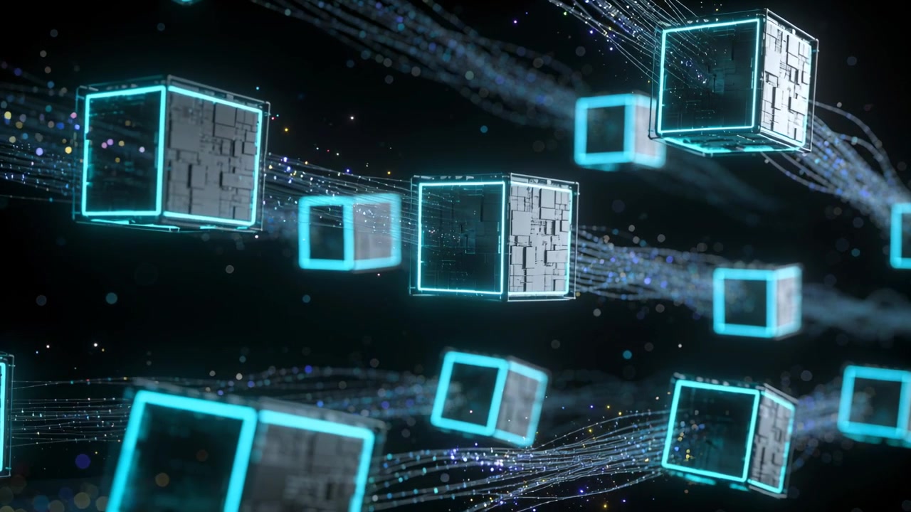 Gliding glowing paneled cubes through dark void, camera shifting, trailing filaments