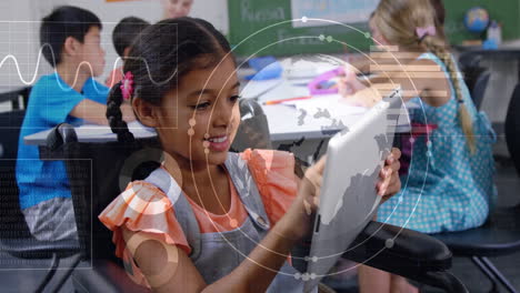 smiling girl using tablet, data visualization animation over classroom background