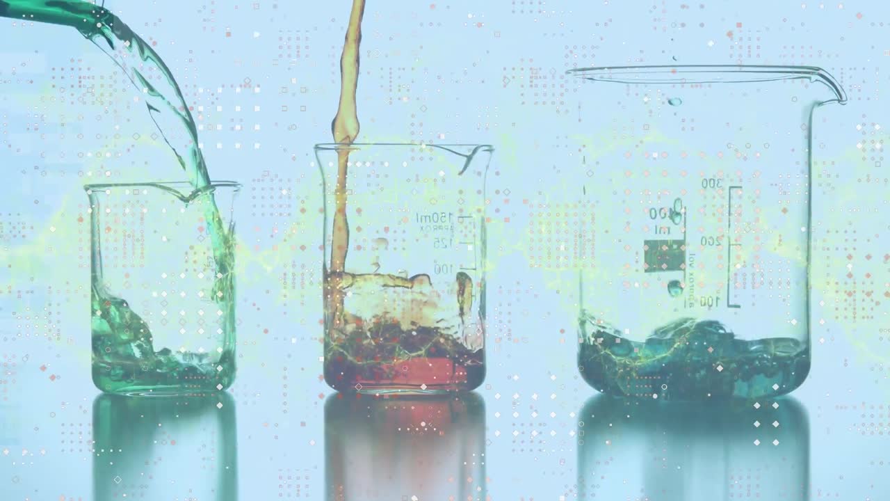 컵에 있는 다채로운 액체 위의 스의 애니메이션