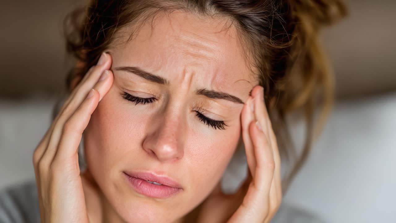 A Young Woman Experiences Discomfort and Stress, Indicating Signs of Pain Through Her Facial Expressions and Body Language in This Emotional Moment