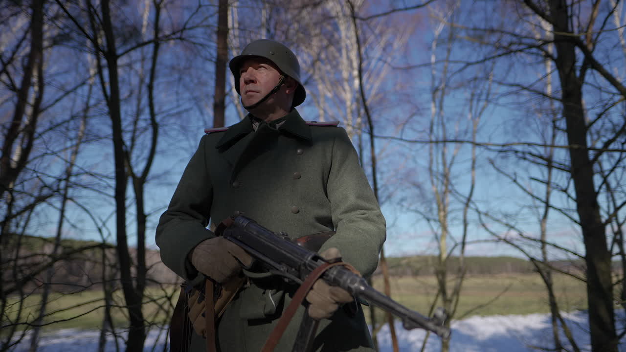 German Soldier in World War II Uniform in Forest