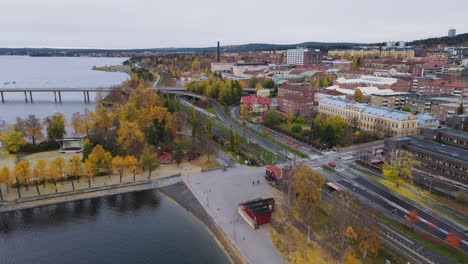 fly over historical and traditional architecture of östersund sweden - aerial shot