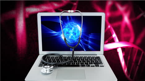 stethoscope and digital brain animation over laptop, symbolizing medical technology