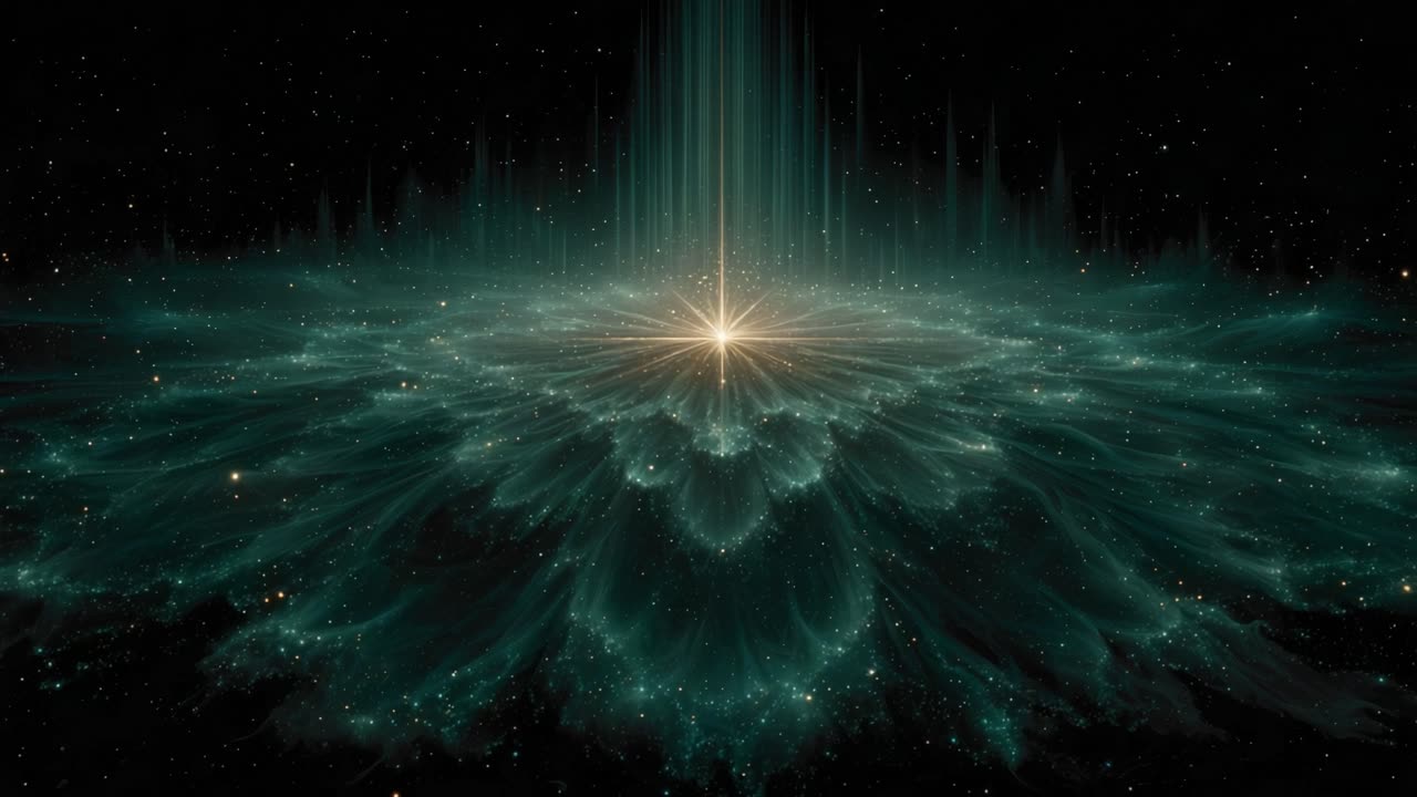 Radiant celestial star exploding in deep space, creating a beautiful and intricate turquoise fractal pattern with a powerful beam of light, symbolizing energy, creation, and the big bang