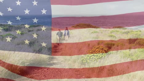 animation of american flag moving over couple hiking