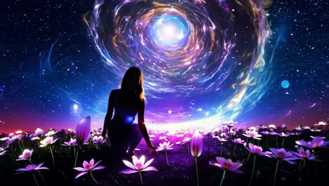 woman in a flower field with a cosmic portal