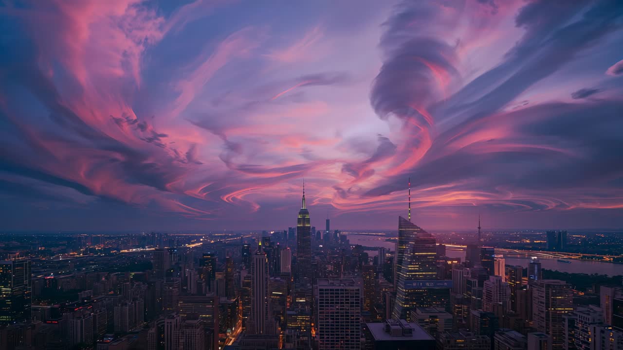 Forming from dusk glow, swirling cloud intensifying over skyline at dusk with Empire State Building