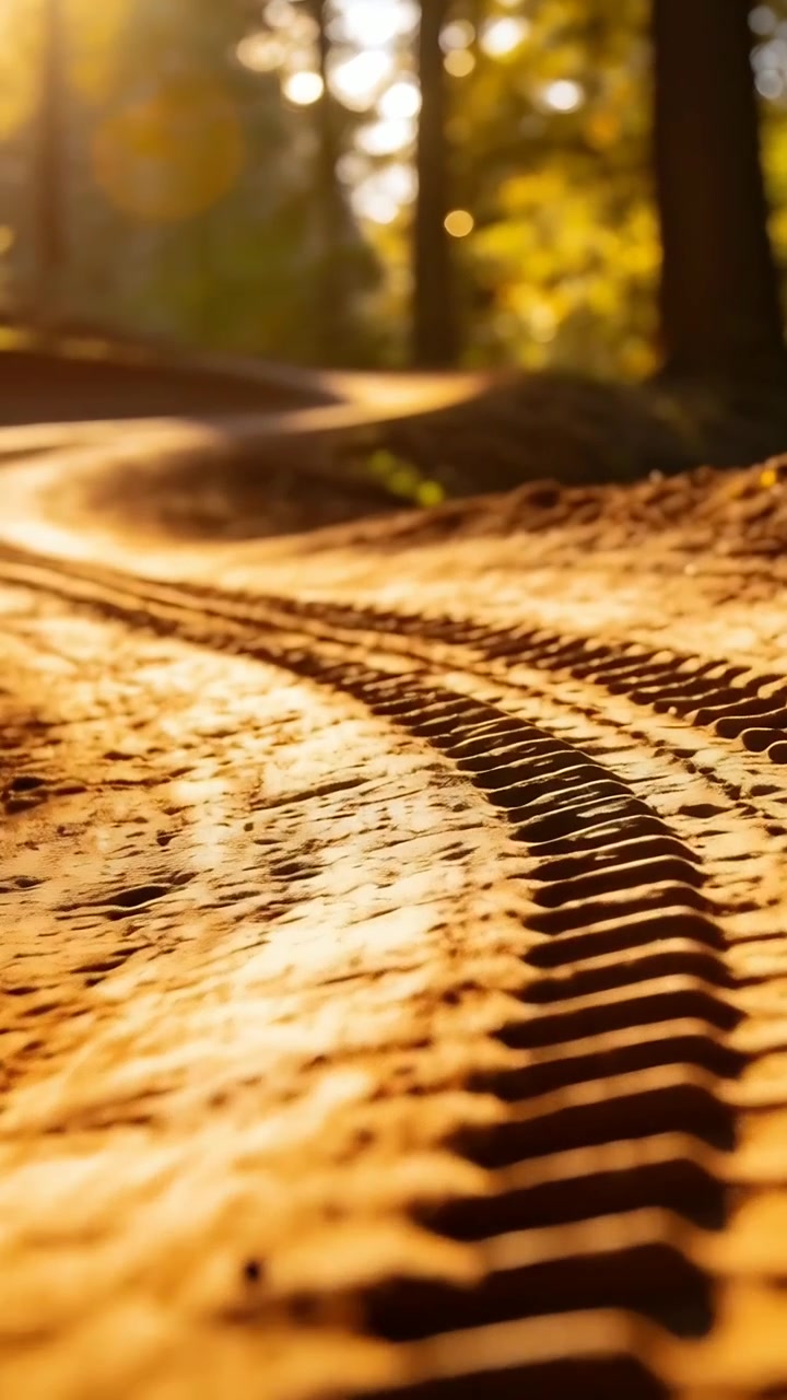 Video verticale: Telecamera che si allontana rivelando il battistrada di un pneumatico che conduce in una foresta illuminata dal sole, guidando lo sguardo.