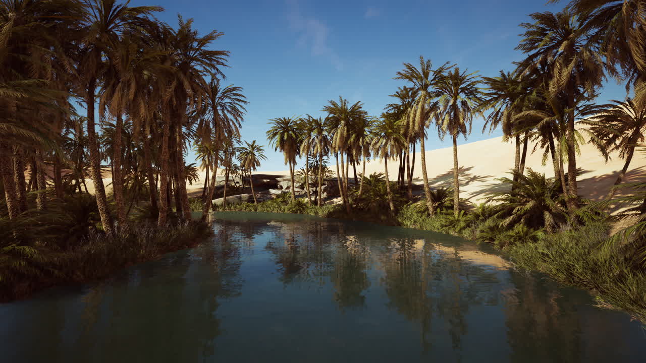 las palmeras florecen alrededor de una piscina de agua en un parque en el desierto de palmeras