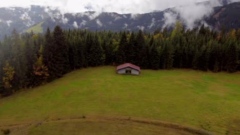 typical hut in austria surrounded by forest trees, mountain landscape, aerial