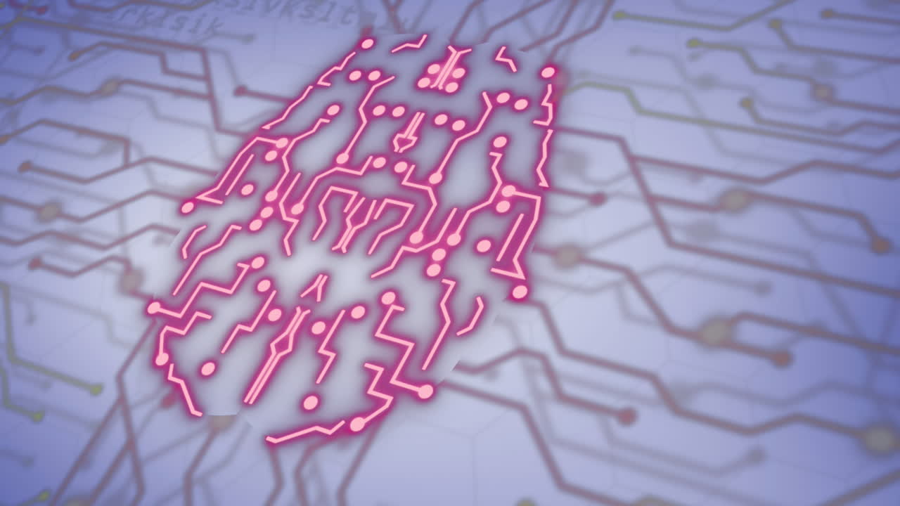 Animation of human brain, connections and data processing over circuit board