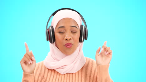 happy woman, headphones and dancing isolated