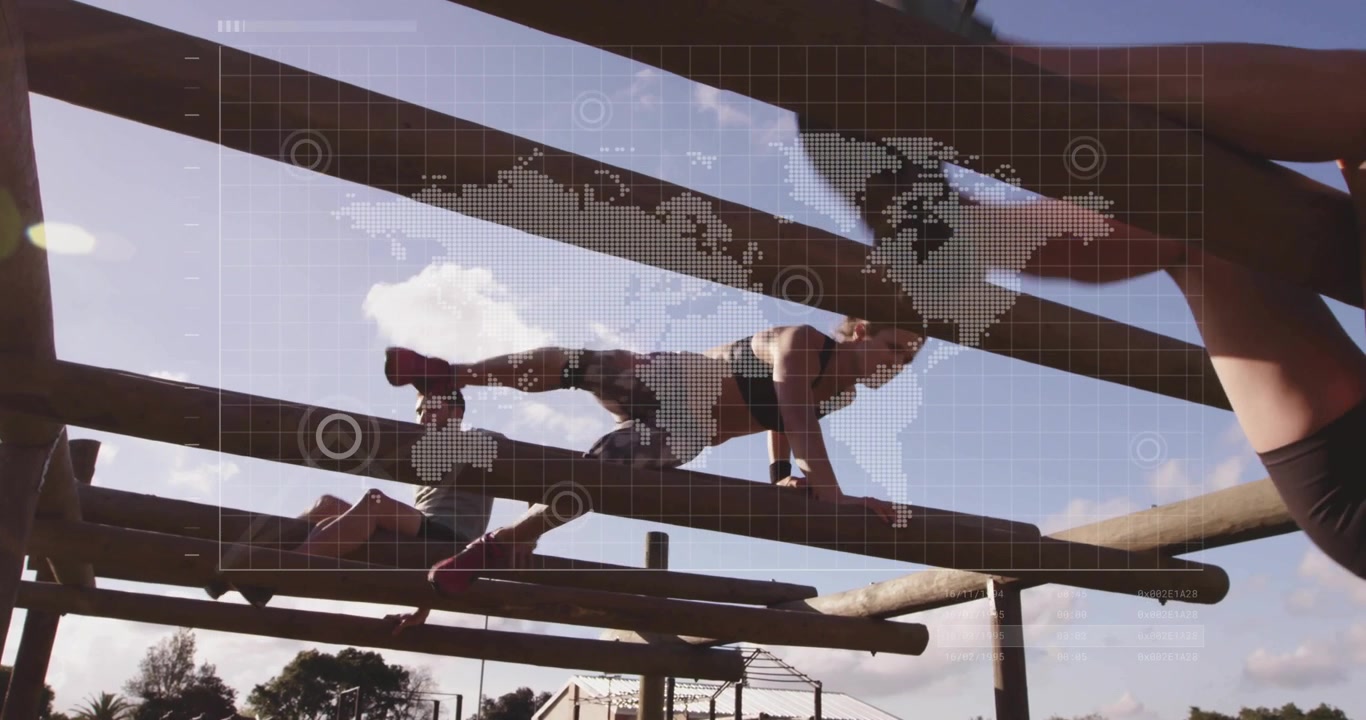 Training partners arriving at wooden beam obstacle and using strength to traverse beams for fitness