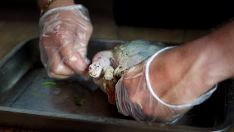 a pair of hands using a stick to truss a chicken before roasting during a traditional balinese cooking class in bali, indonesia - close up