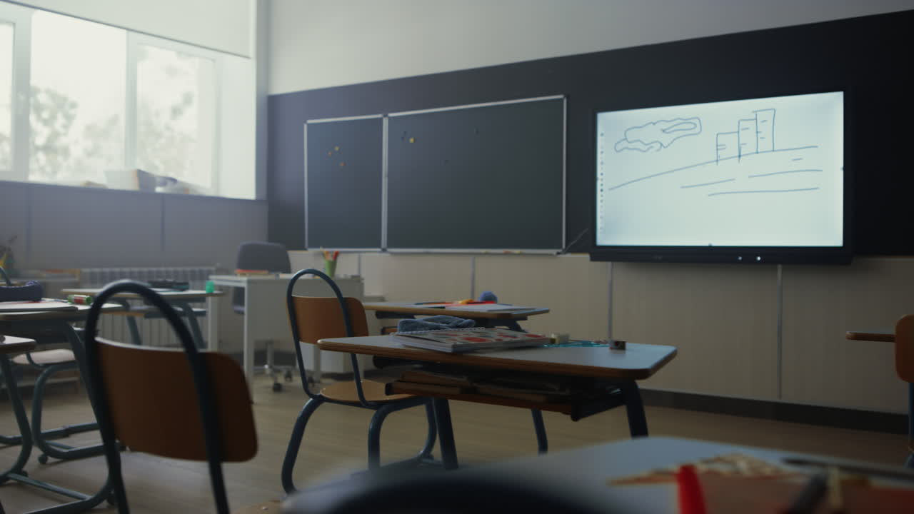 Empty classroom interior. School room with modern projector screen on wall