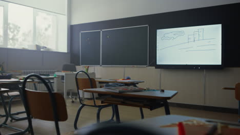 empty classroom interior. school room with modern projector screen on wall