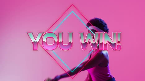 animation of you win text, neon pattern african american female tennis player