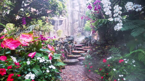 Trittsteine-Und-Nasser-Weg-Im-Blühenden-Garten,-Der-Zum-Wasserfall-Führt